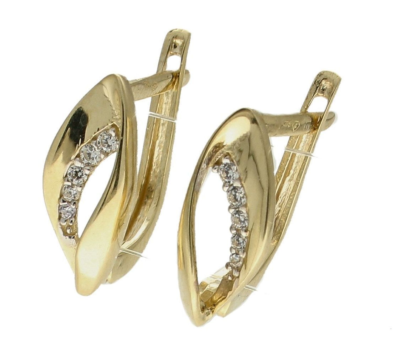 Złote kolczyki 375 angielskie z cyrkoniami KL 7350 375. Złote kolczyki wykonane z najwyższej jakości żółtego złota, próba 375, waga około 1,68 gram. Kolczyki w minimalistycznym stylu, wpisujące się w obecne trendy modowe..jpg